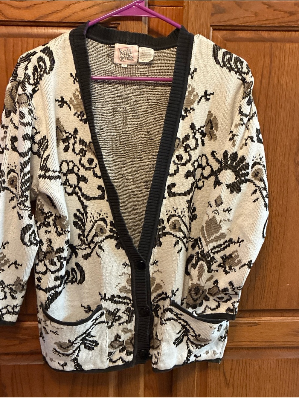Vintage Knit De Ville Black & Cream Floral Cardigan Sweater size S